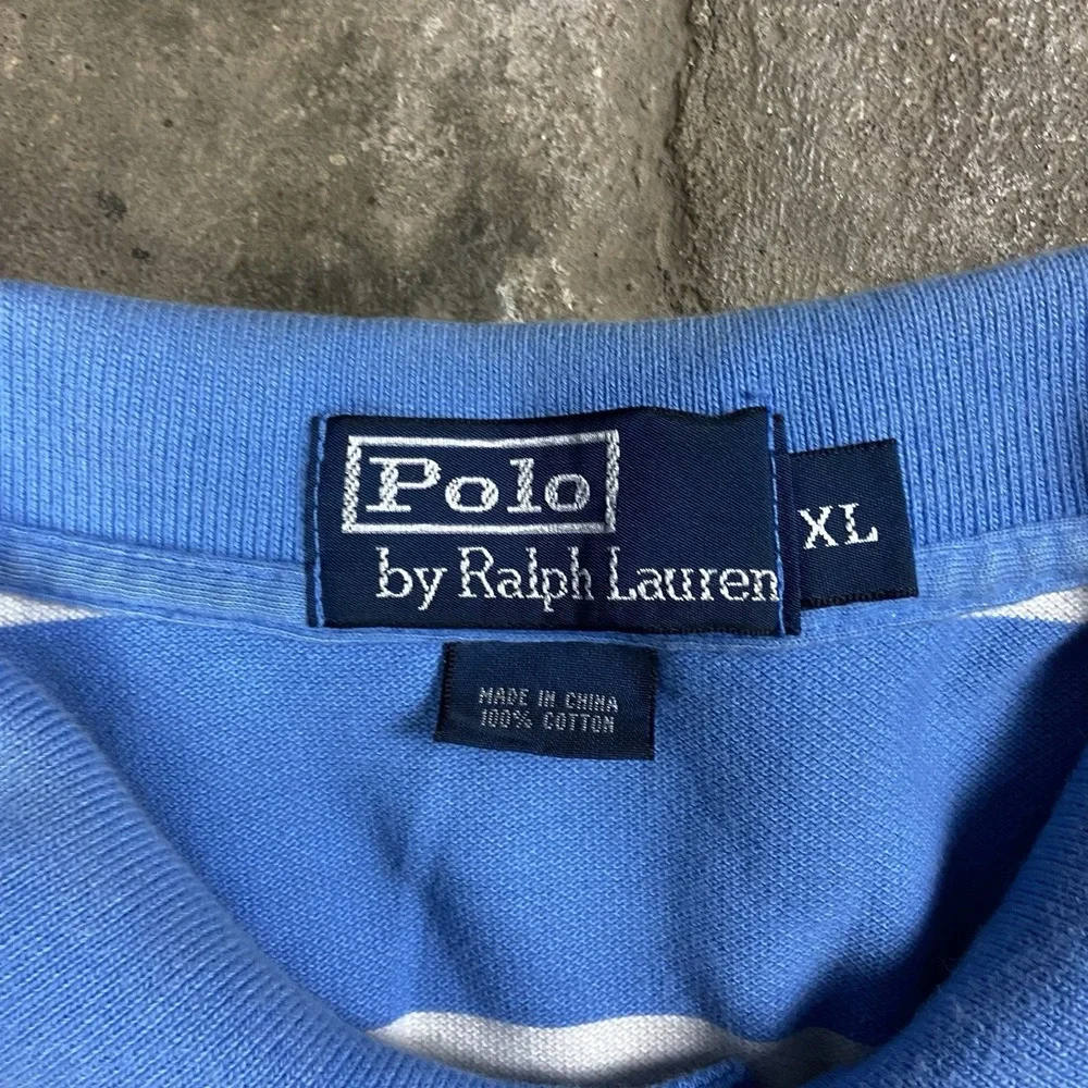Vintage 90s Polo Ralph Lauren Polo Shirt Size XL Blue Striped Yellow Pony Logo